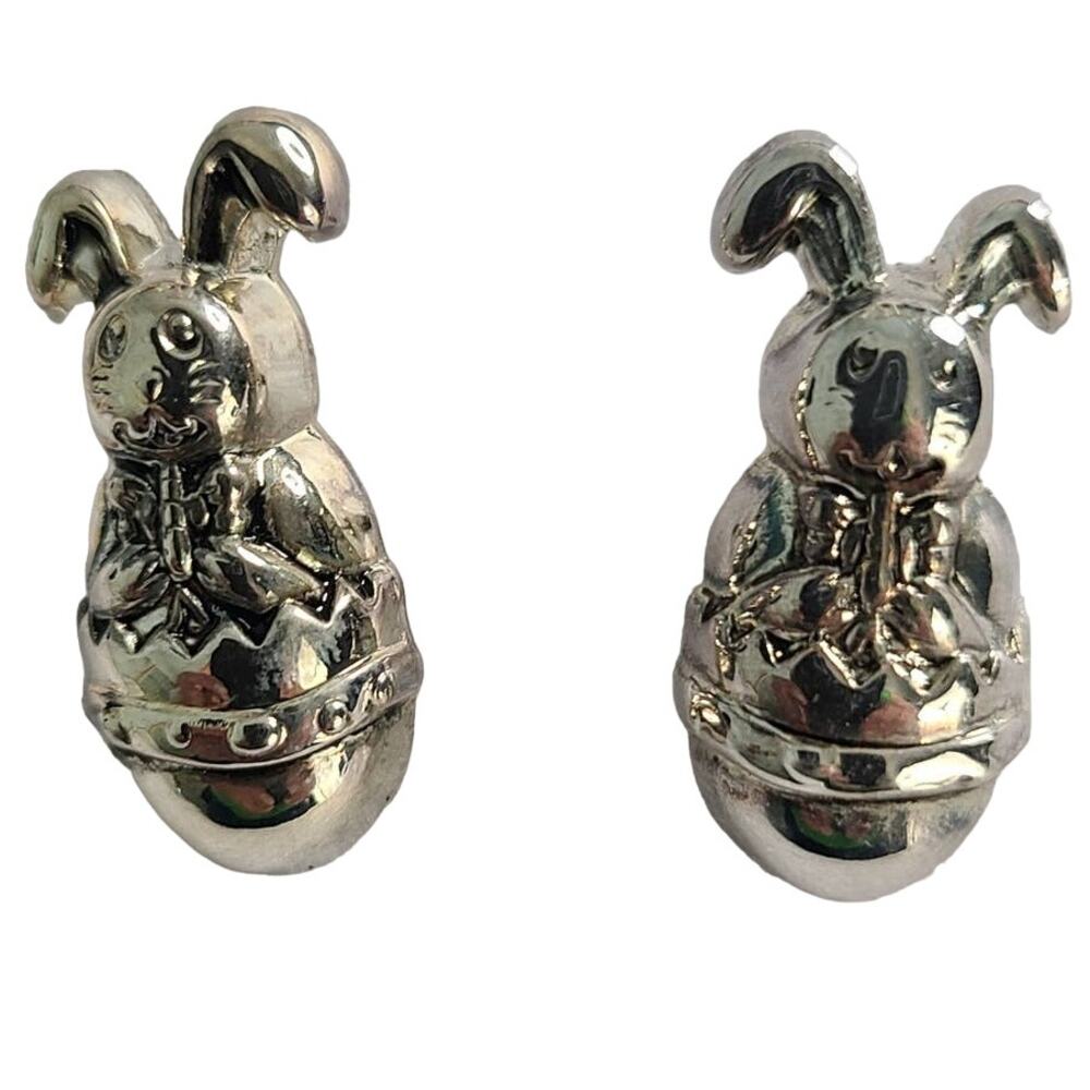 Vintage 1990s Best Easter Bunny Egg Silver tone Metal Stud Earrings 1" NEW